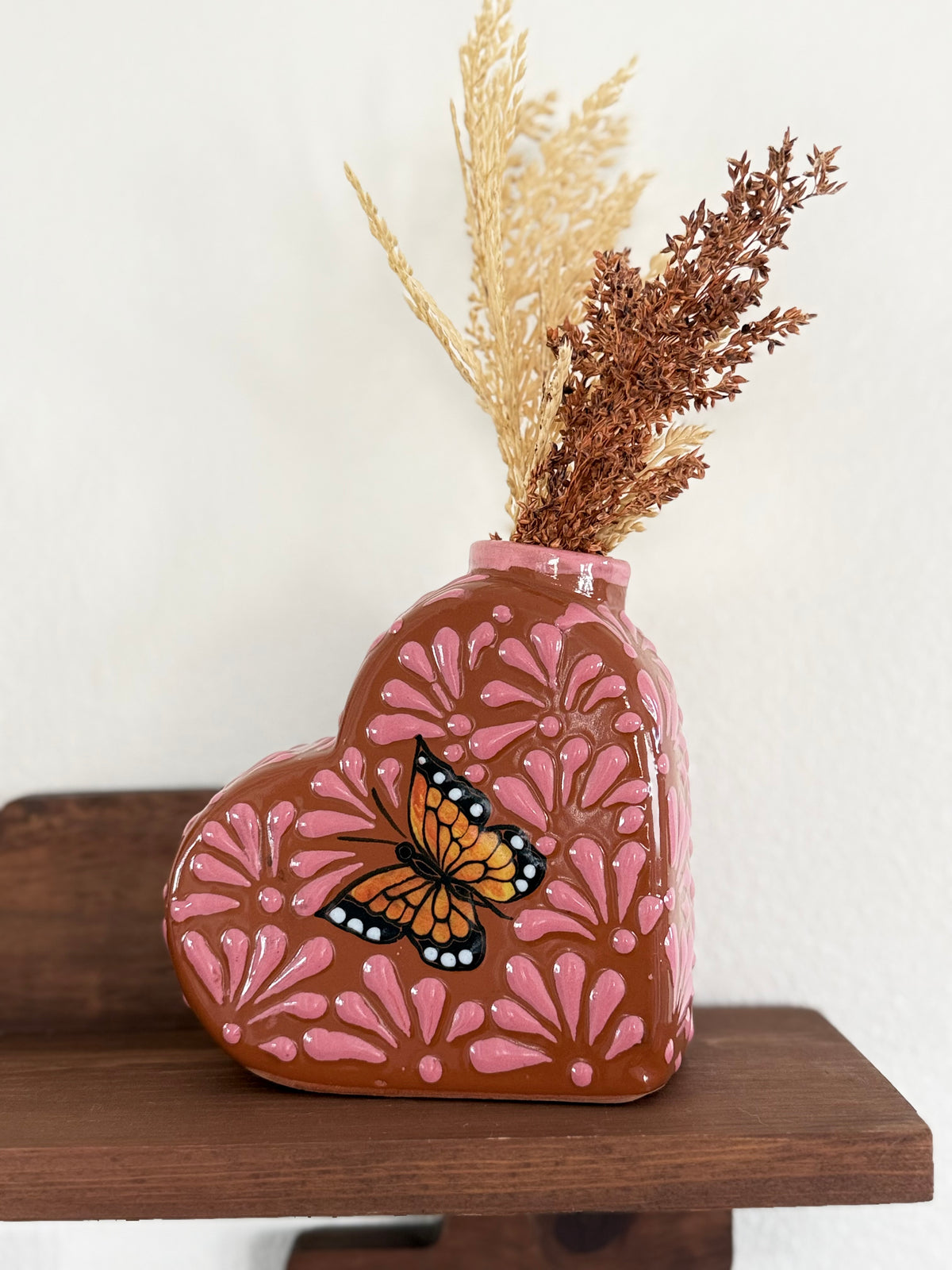 Talavera Heart Vase | Pink Monarch Butterfly Design