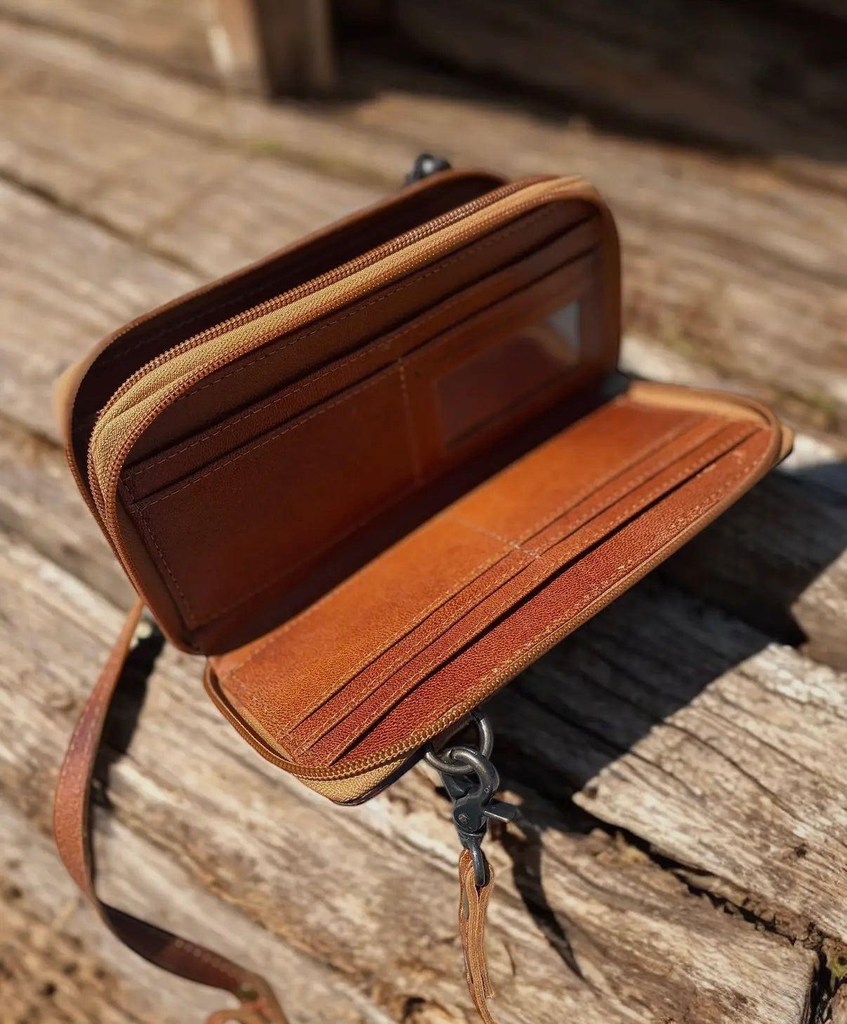 Camel Leather Boot Stitch Wallet/Crossbody