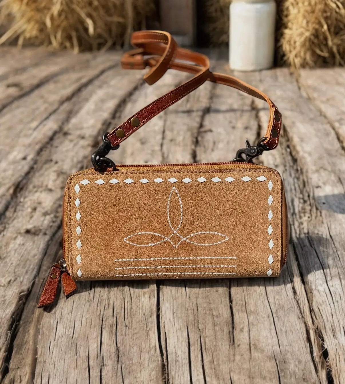 Camel Leather Boot Stitch Wallet/Crossbody