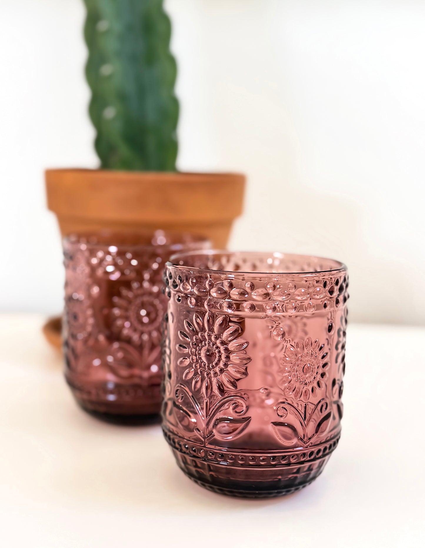 Blush Pressed Glass Floral Tumbler