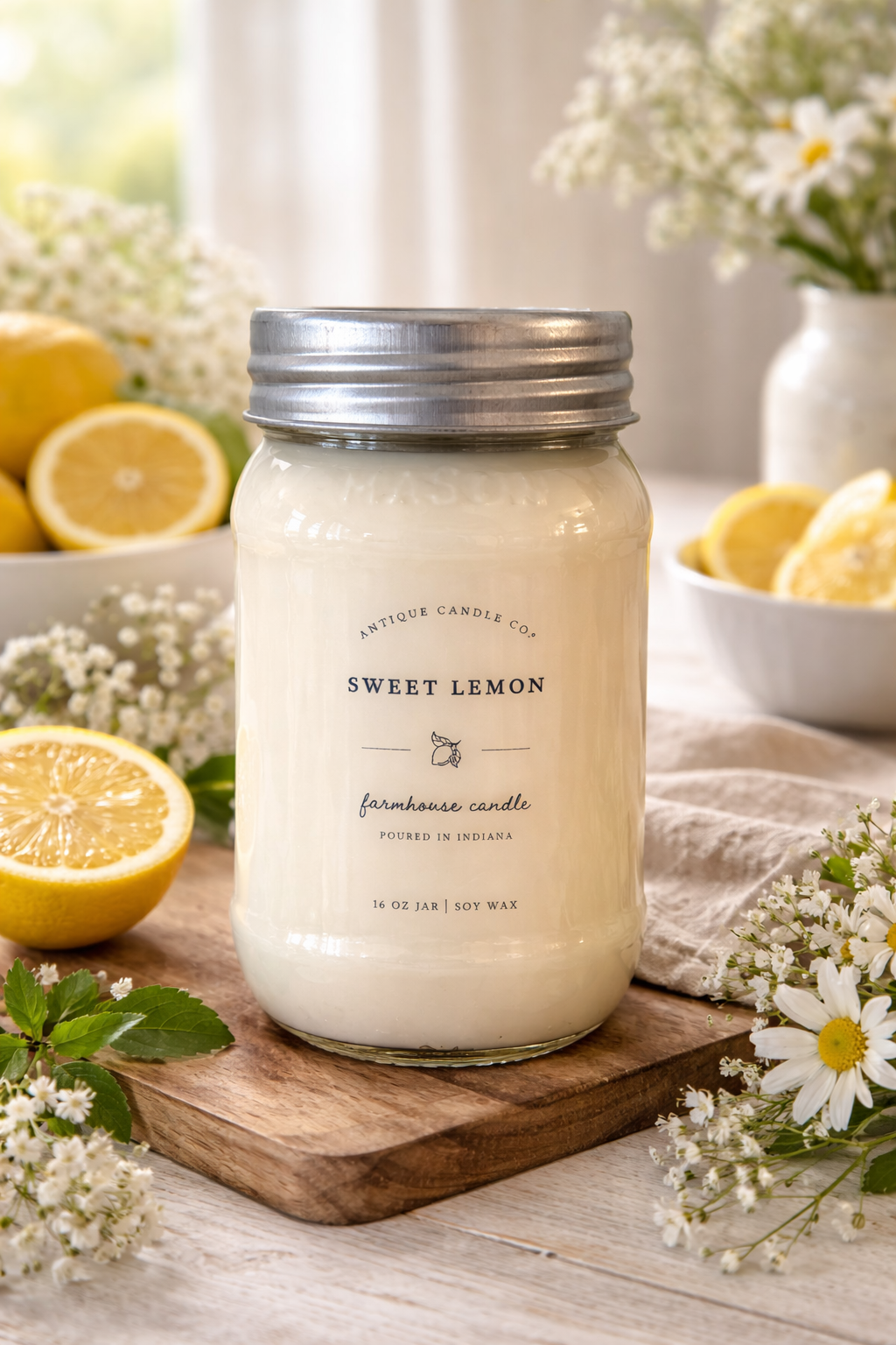 sweet lemon farmhouse soy candle in mason jar
