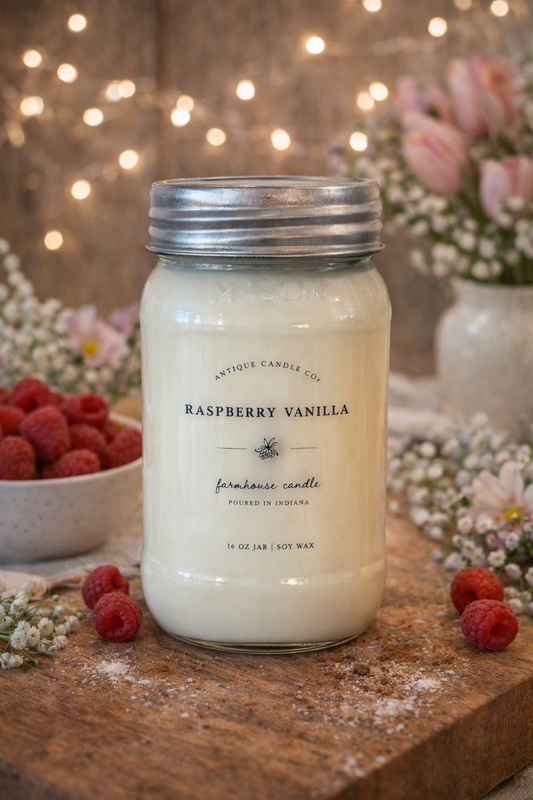 Raspberry vanilla farmhouse soy candle with cozy kitchen styling
