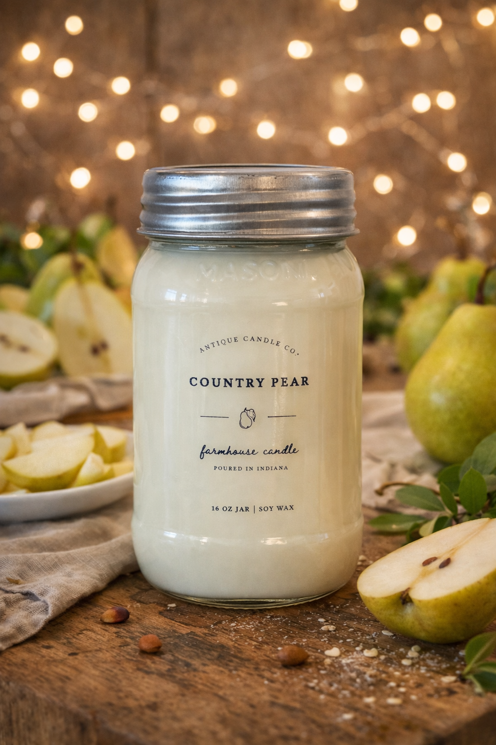Country pear farmhouse soy candle in rustic jar with cozy kitchen styling