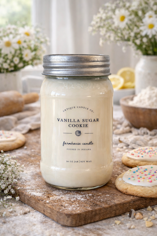 Vanilla sugar cookie candle in a jar on a wooden board with cookies and flowers in the background