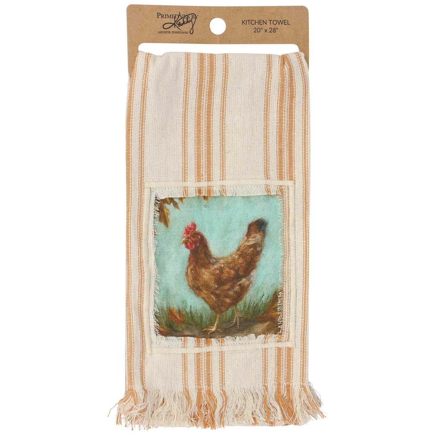 A kitchen towel with vertical tan and cream stripes and a central patch depicting a brown chicken on a light blue background.