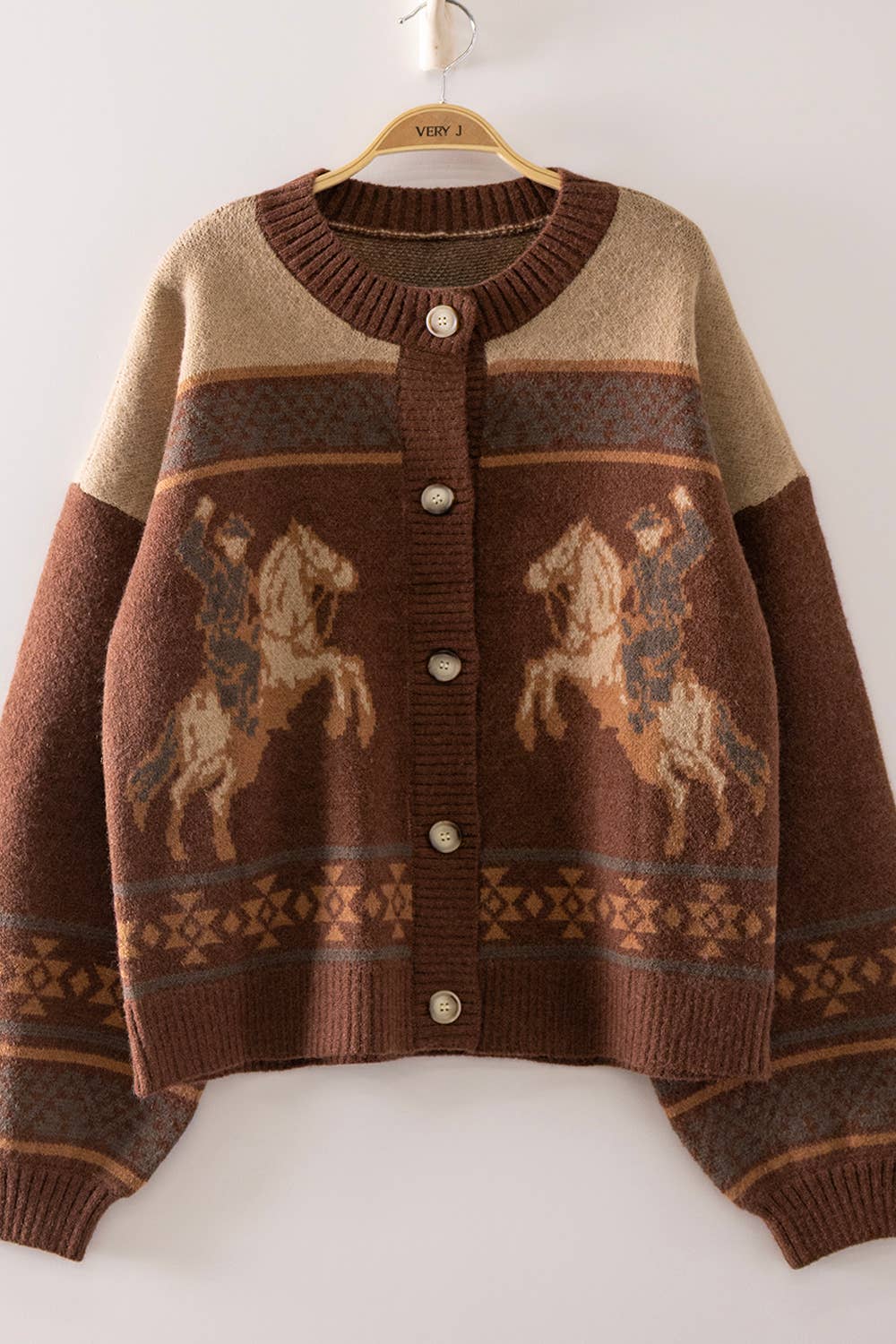 Brown Western knit cardigan with cowboy and horse pattern, Southwestern border design, and button-front closure.