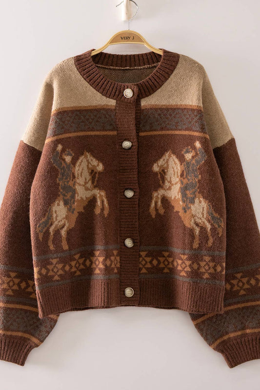 Brown Western knit cardigan with cowboy and horse pattern, Southwestern border design, and button-front closure.