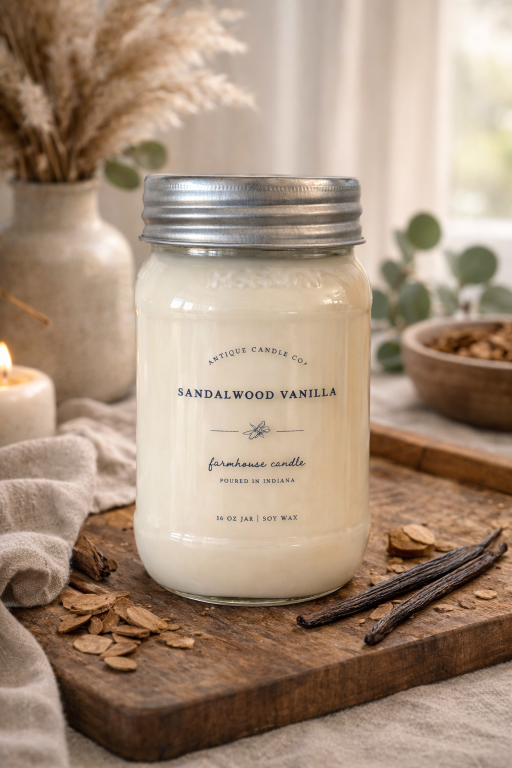 Sandalwood vanilla soy candle in 16 oz mason jar farmhouse style