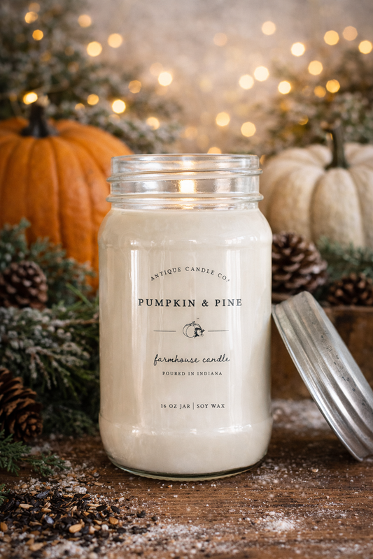 Pumpkin and pine scented candle in a mason jar with pumpkins and pinecones in the background.