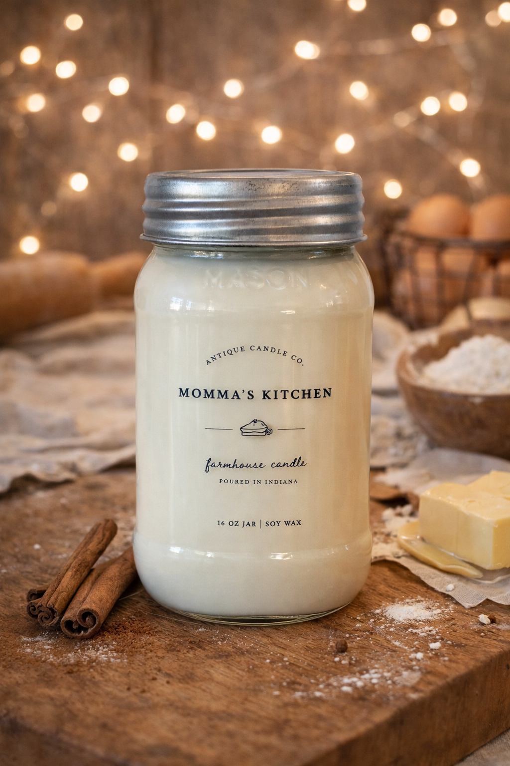 Momma’s Kitchen farmhouse soy candle in rustic kitchen setting