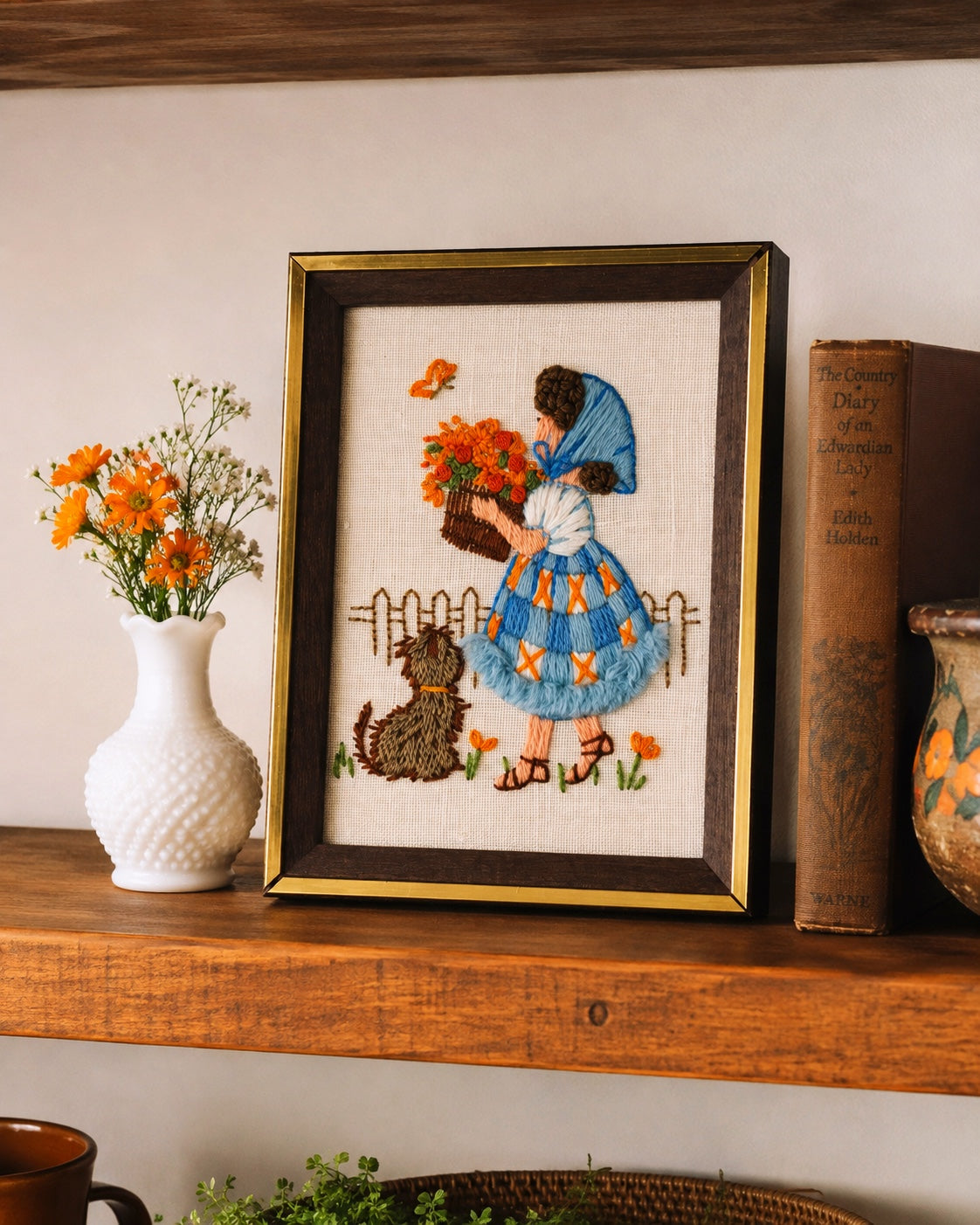 Vintage Crewel Embroidery Girl With Flowers Framed Wall Art