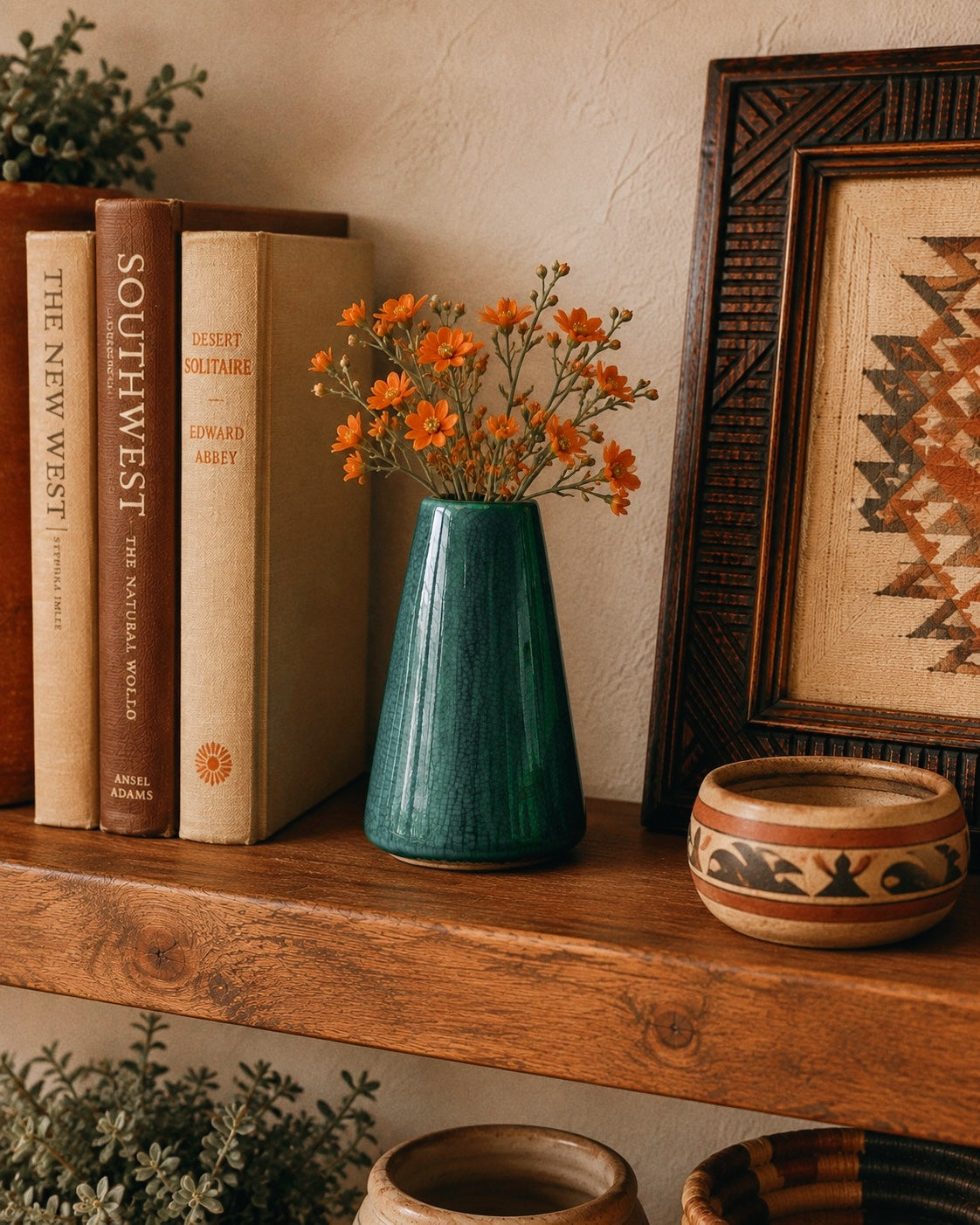 A teal ceramic vase filled with orange flowers sits on a rustic wooden shelf, styled with books, a framed textile, and small pottery against a warm beige wall.