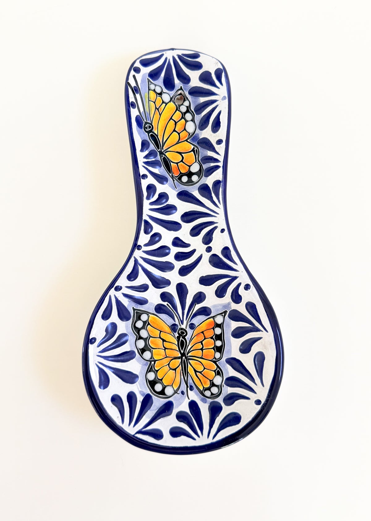 Talavera Spoon Rest | Blue & White Monarch Butterfly