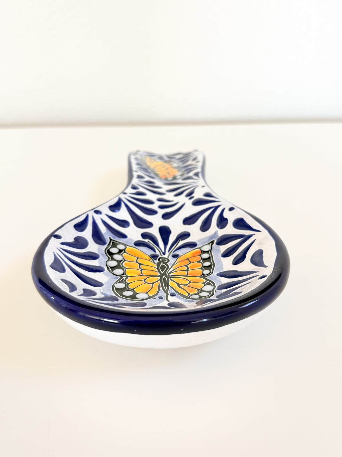 Talavera Spoon Rest | Blue & White Monarch Butterfly