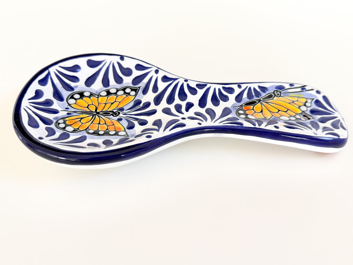 Talavera Spoon Rest | Blue & White Monarch Butterfly