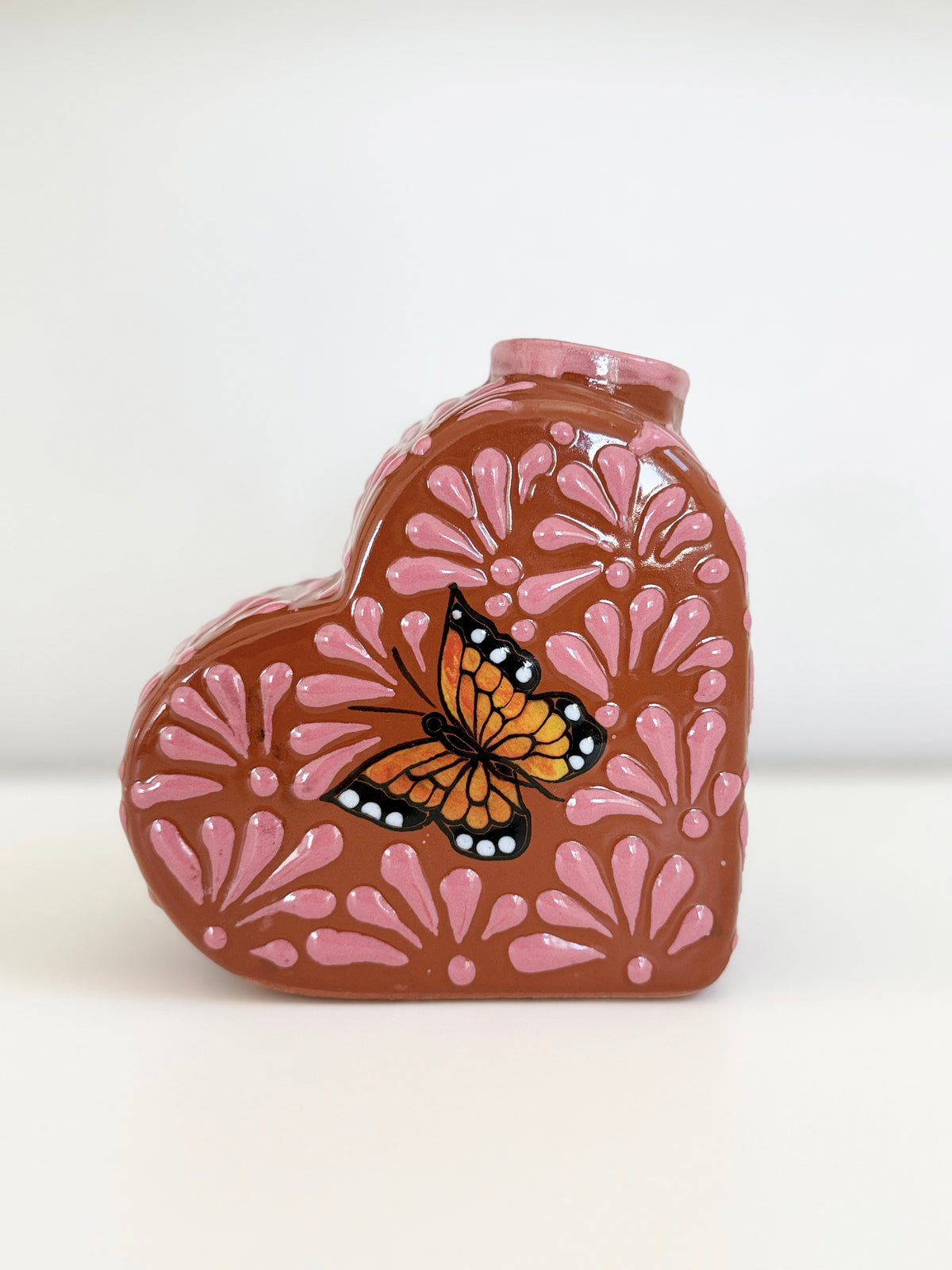 Talavera Heart Vase | Pink Monarch Butterfly Design