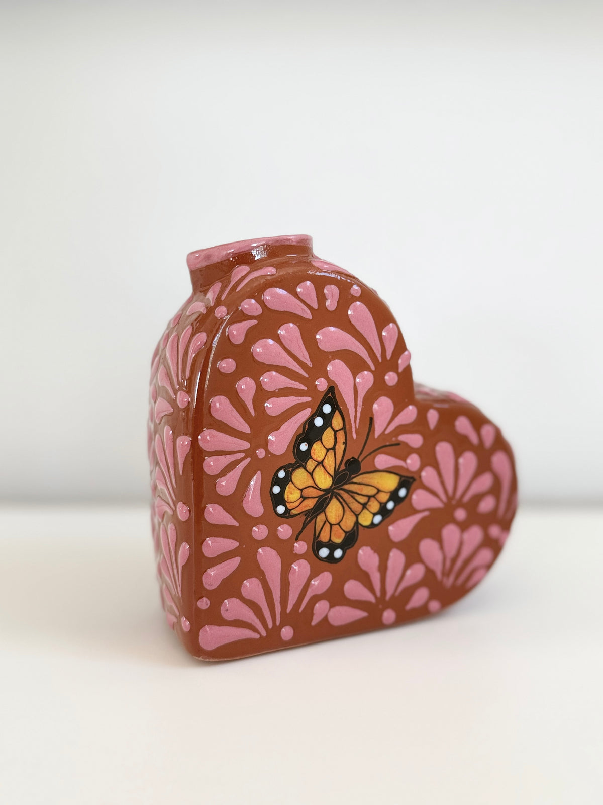 Talavera Heart Vase | Pink Monarch Butterfly Design