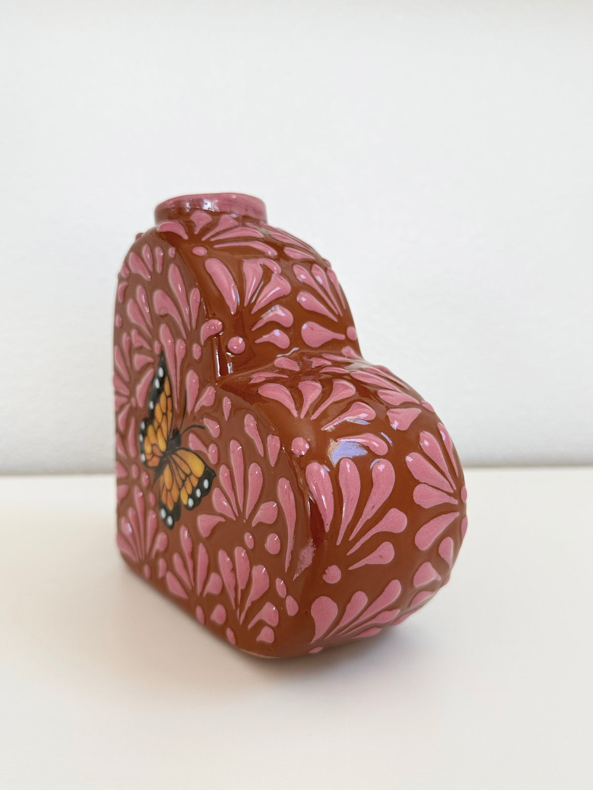 Talavera Heart Vase | Pink Monarch Butterfly Design