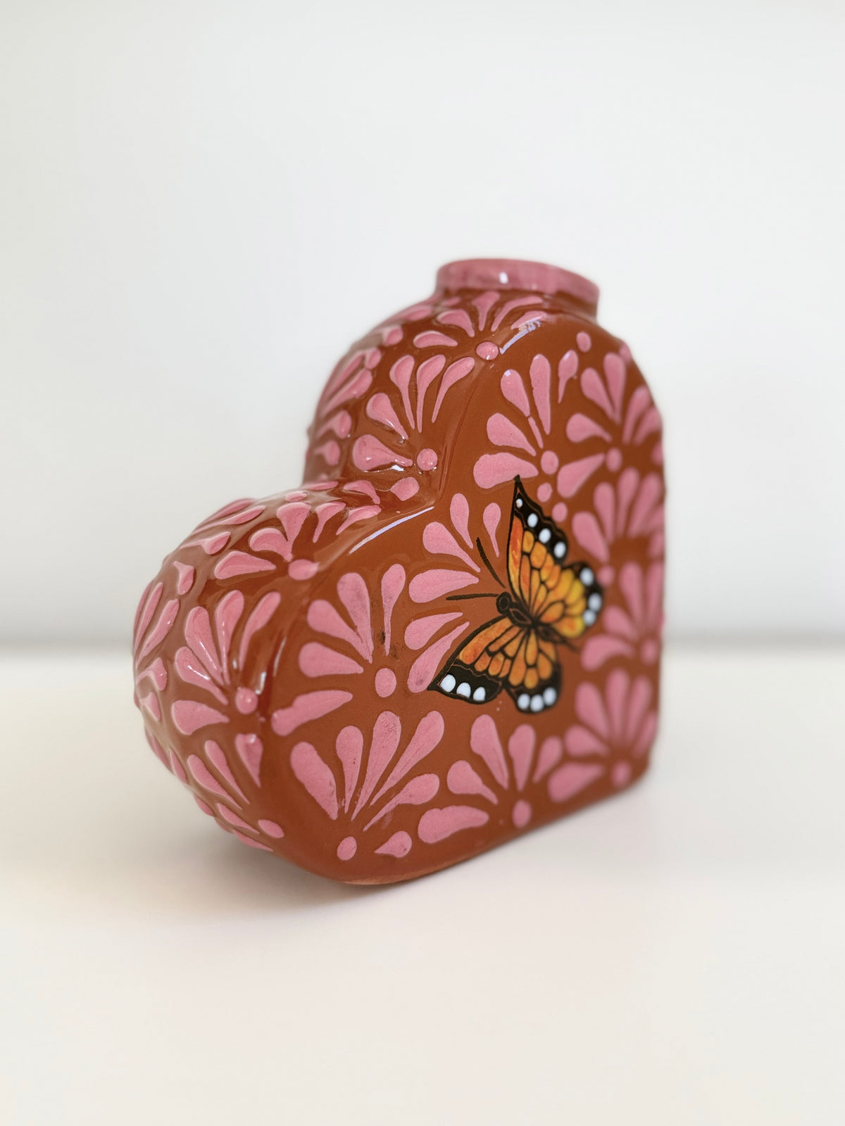 Talavera Heart Vase | Pink Monarch Butterfly Design