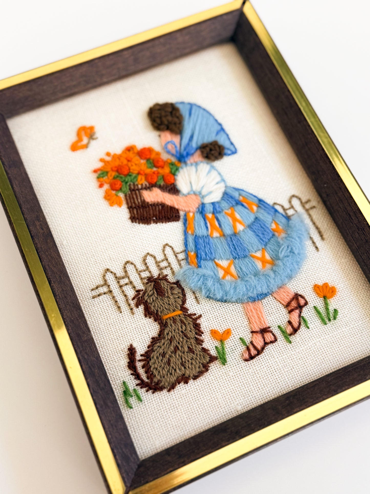 Vintage Girl With Flowers Crewel