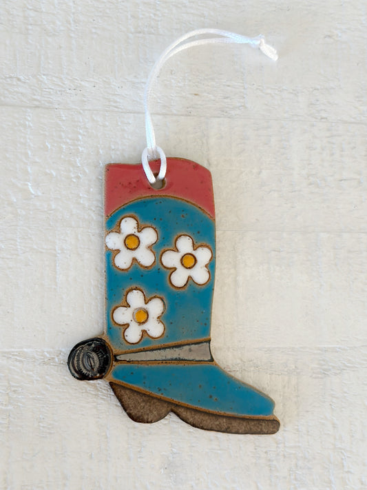 Ceramic Western Boot Ornament (Blue Daisy)