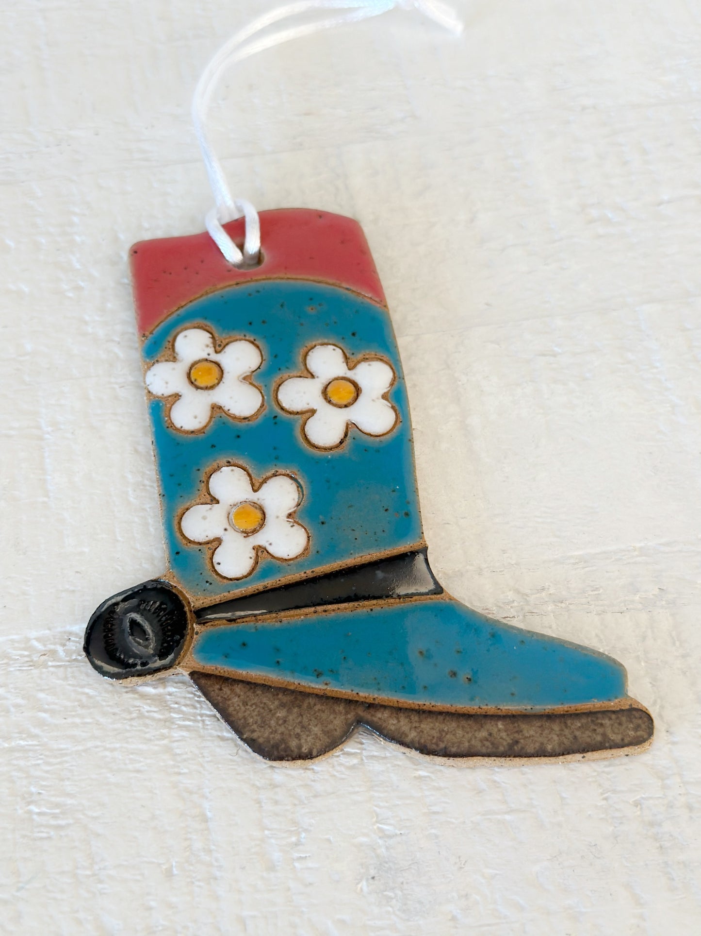 Ceramic Western Boot Ornament (Blue Daisy)