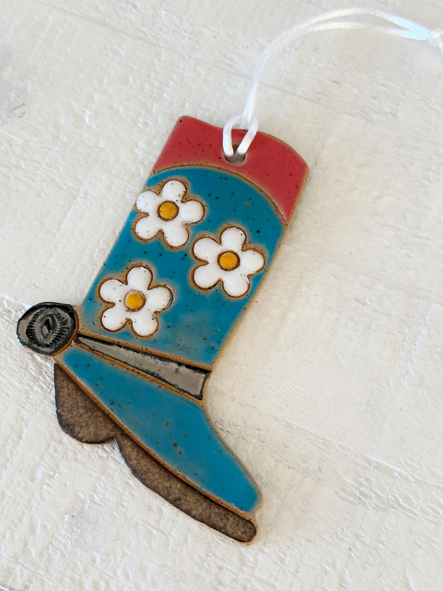 Ceramic Western Boot Ornament (Blue Daisy)