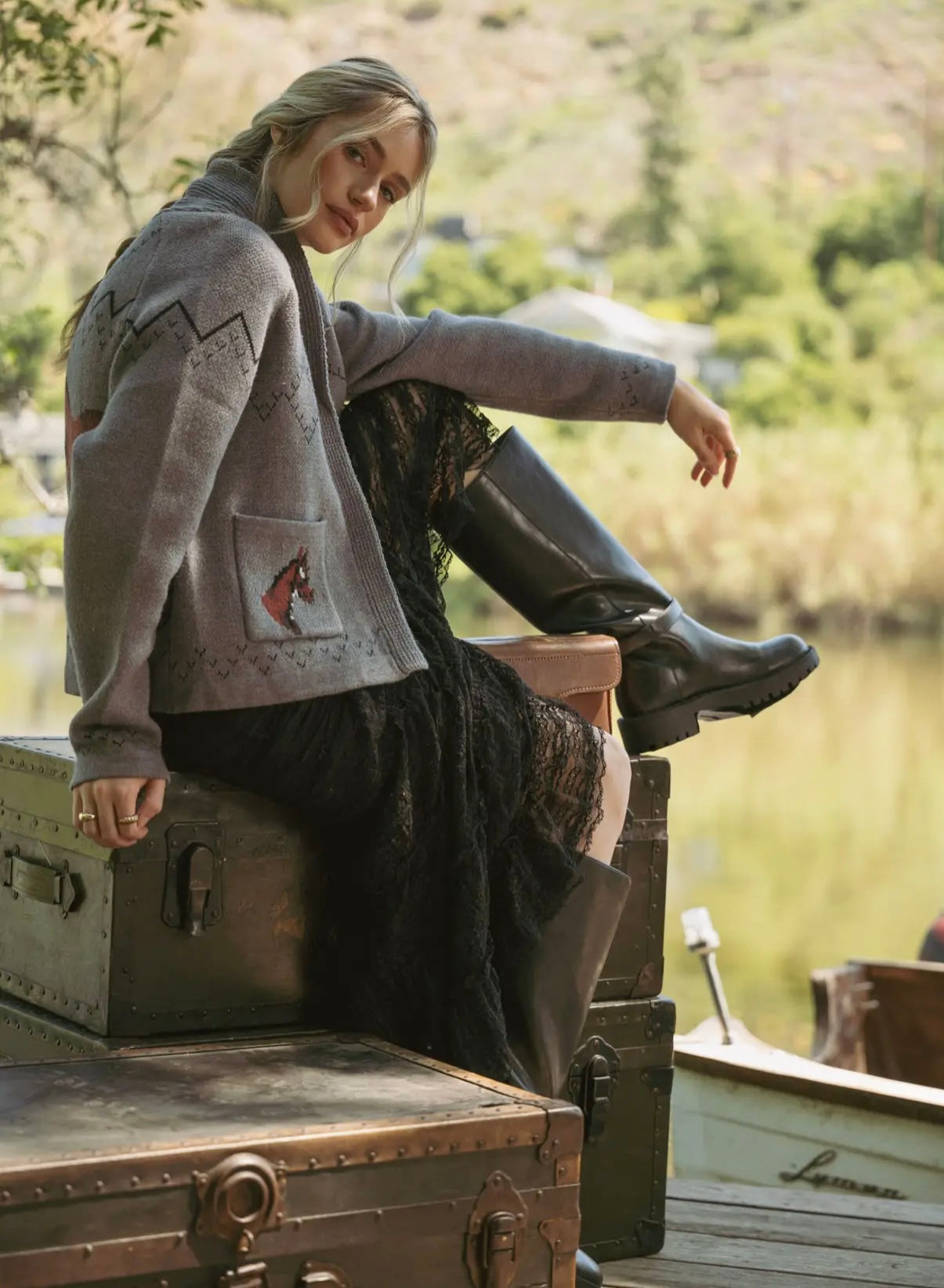 Horse Sweater Cardigan (Gray)