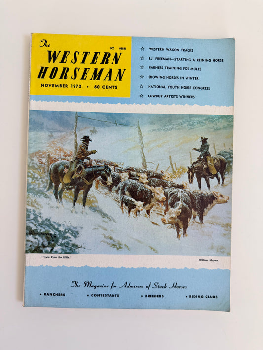 Magazine cover of 'The Western Horseman' featuring a winter scene with cowboys and cattle.
