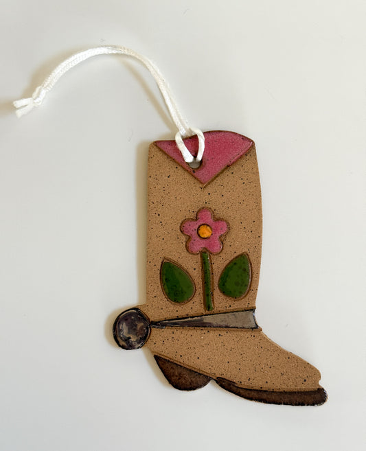 Ceramic Western Boot Ornament (pink flower)