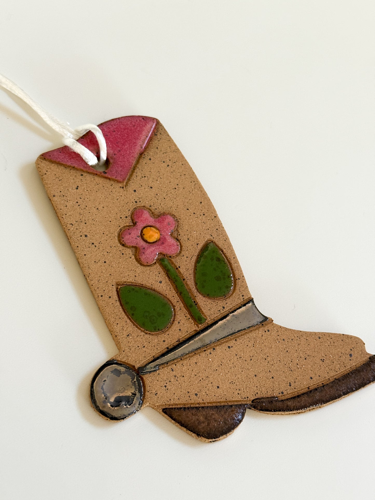 Ceramic Western Boot Ornament (pink flower)