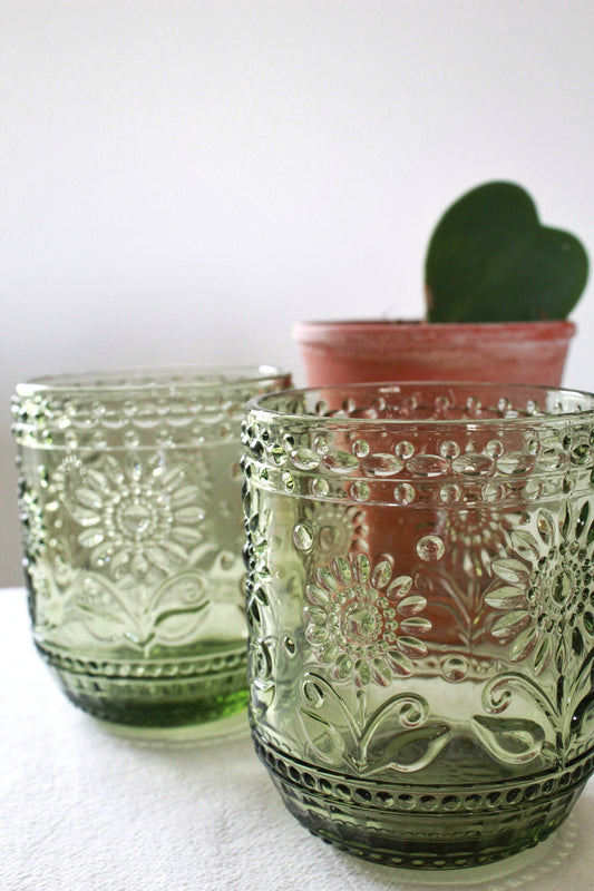 Green Flower Drinking Glass (Set of 2)