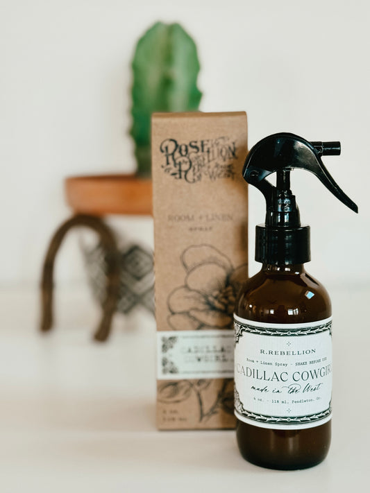 Western room and linen spray bottle with vintage cowgirl style label