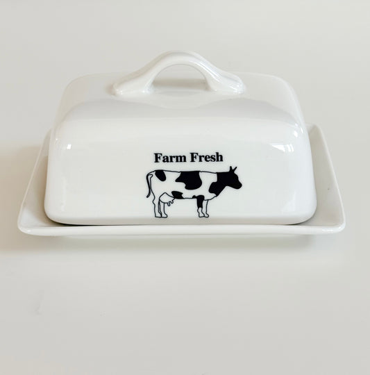 Farm Fresh cow butter dish in white ceramic farmhouse style