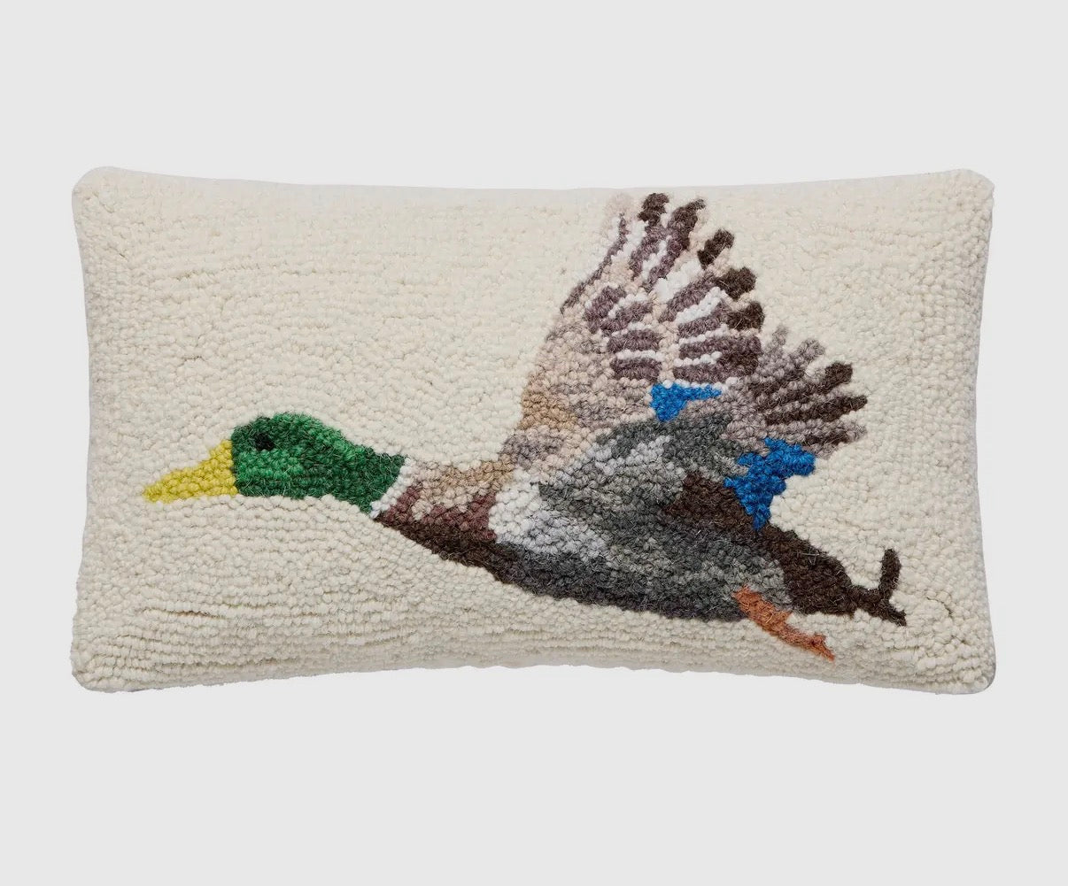 Duck hooked pillow with flying mallard design 