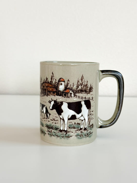 Vintage Otagiri cow mug with farmhouse farm scene