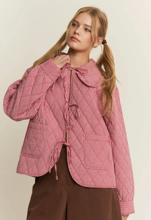 Red gingham quilted tie-front jacket in prairie western style
