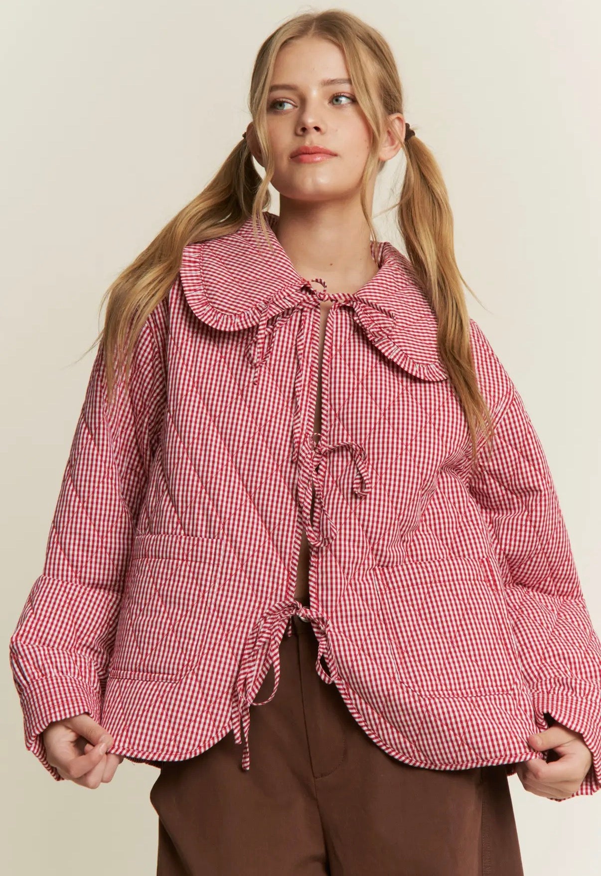 Red gingham quilted tie-front jacket in prairie western style
