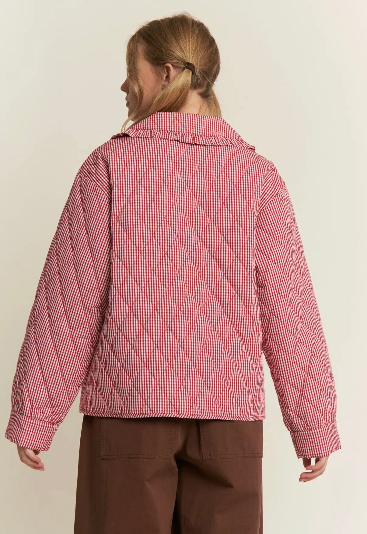 Red gingham quilted tie-front jacket in prairie western style
