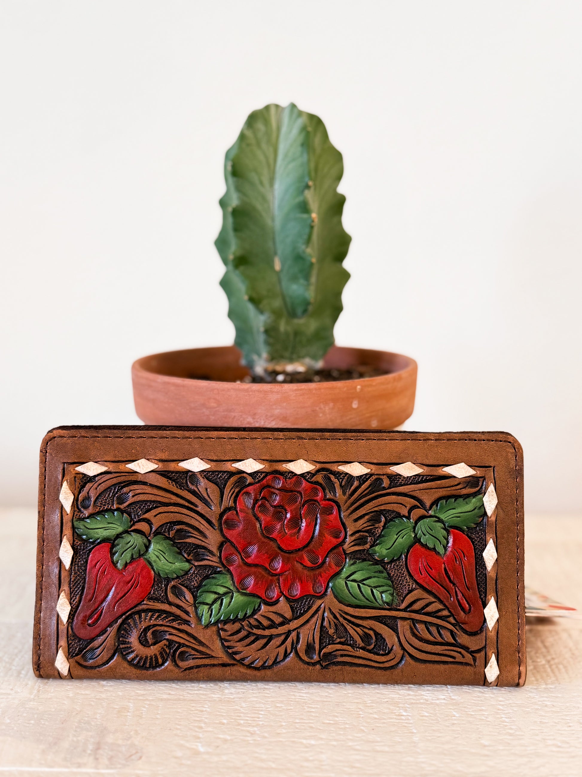 Tooled leather floral wallet with western rose design