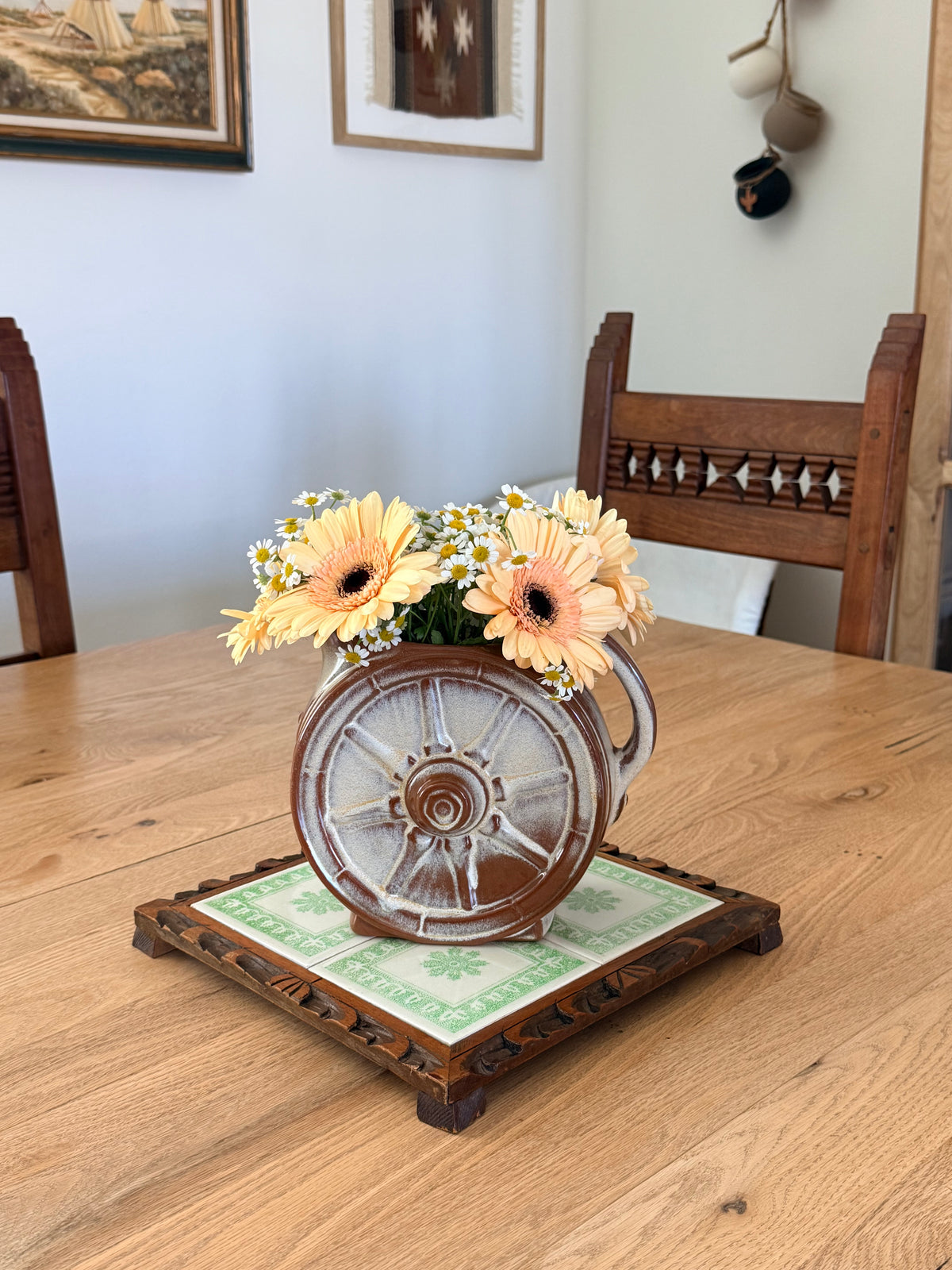Vintage Ceramic Tile Trivet with Hand-Carved Wood Frame