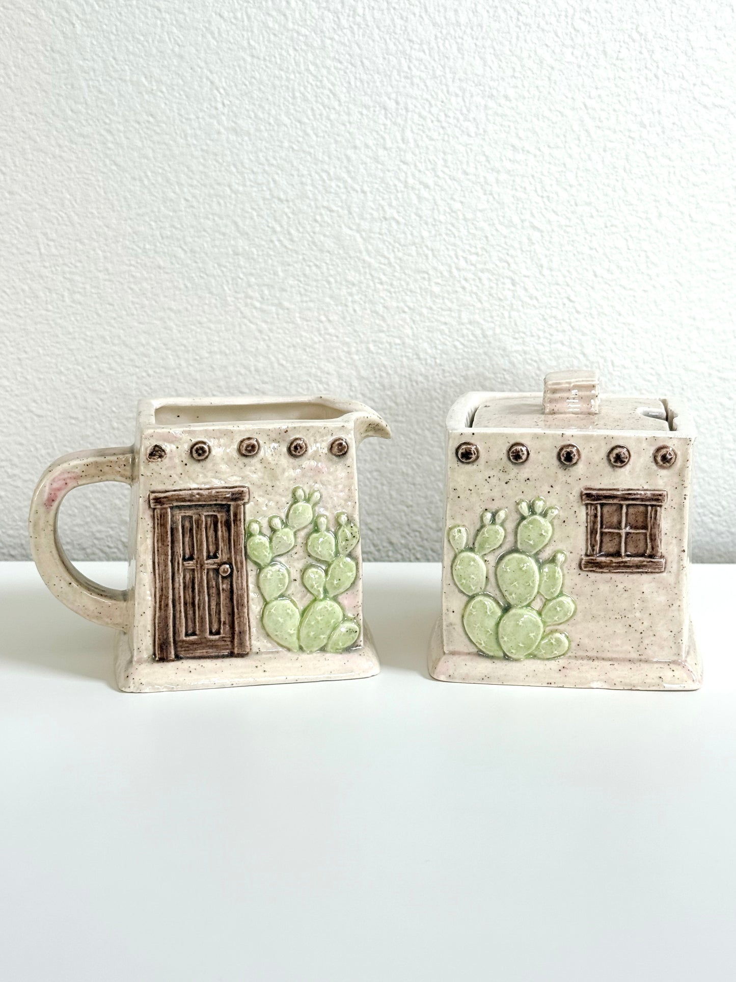 Vintage Southwestern ceramic adobe house sugar and creamer set with prickly pear cactus
