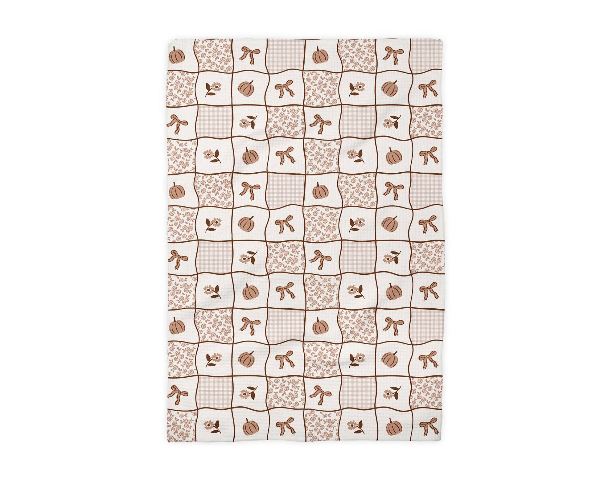 Neutral pumpkin patchwork waffle kitchen towel with bows and floral fall design