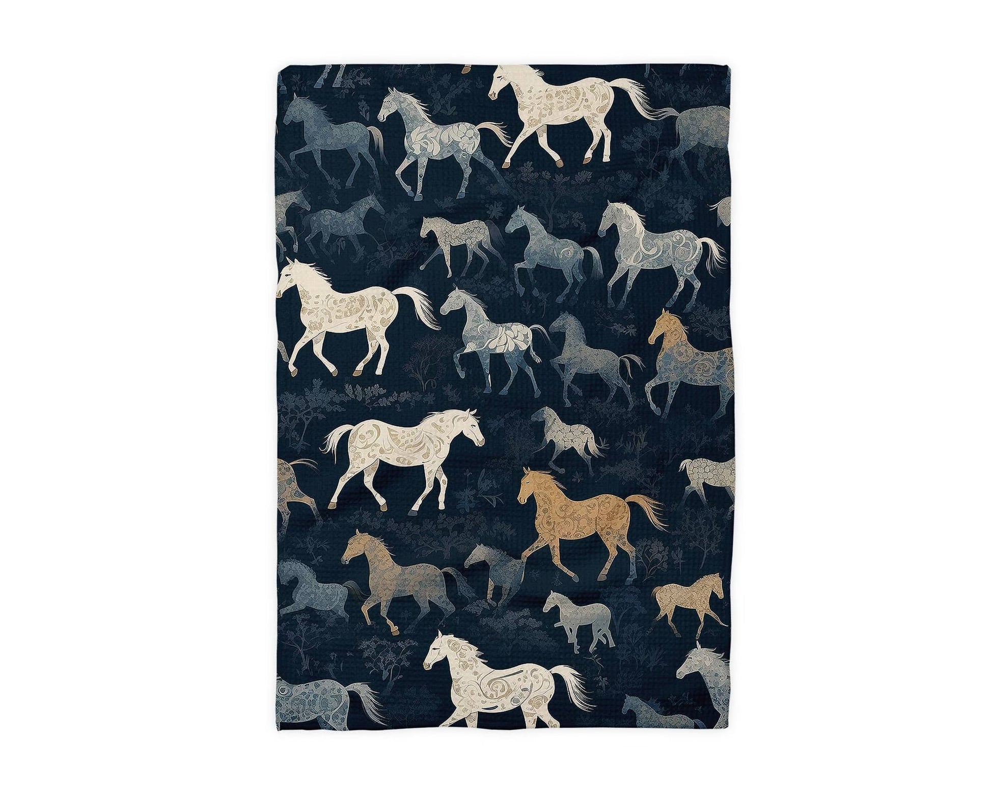 Western kitchen towel with cream blue and brown patterned horses