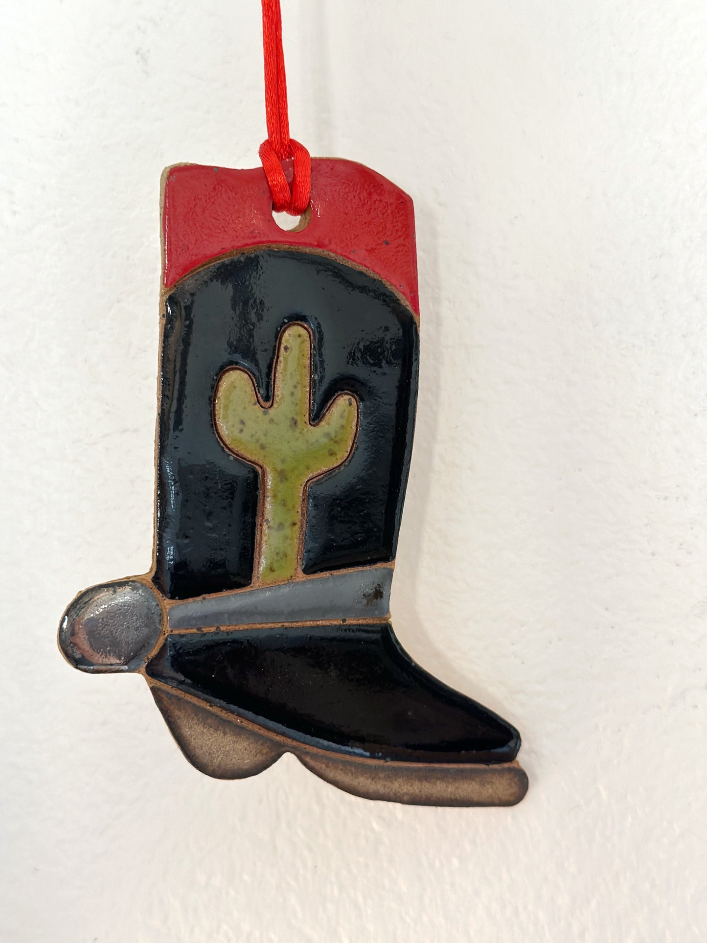 Ceramic Western Boot Ornament (Black Saguaro)