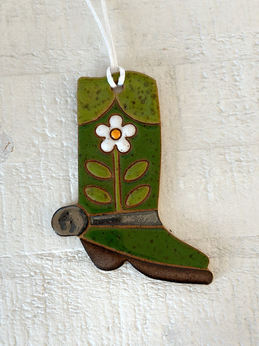 Ceramic Western Boot Ornament (Green Daisy)