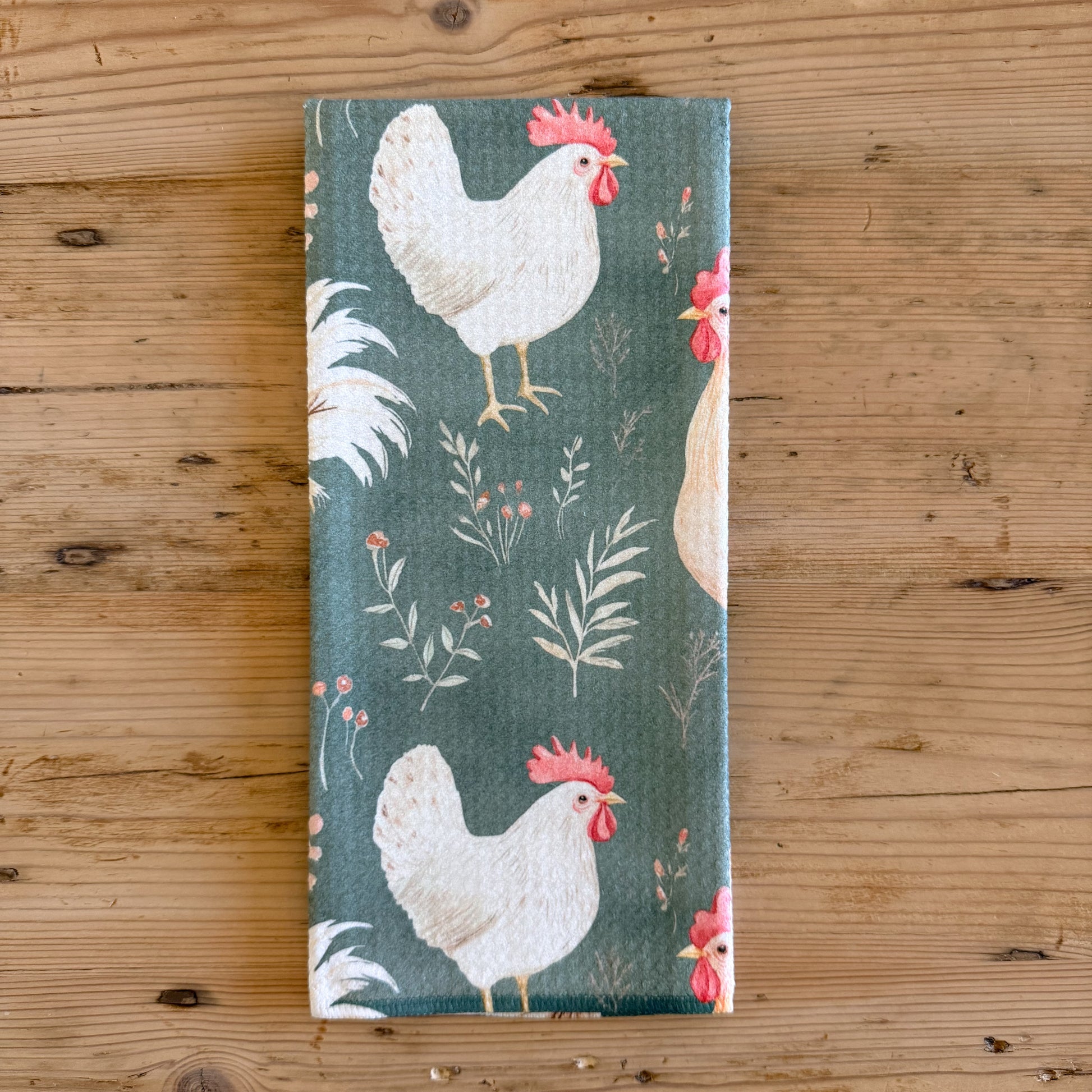 Sage green farmhouse chicken kitchen towel with hens and roosters