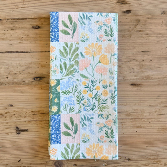Floral patchwork quilt kitchen towel with blue green and yellow botanical print