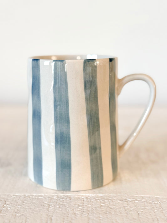 Blue and white stripe stoneware mug