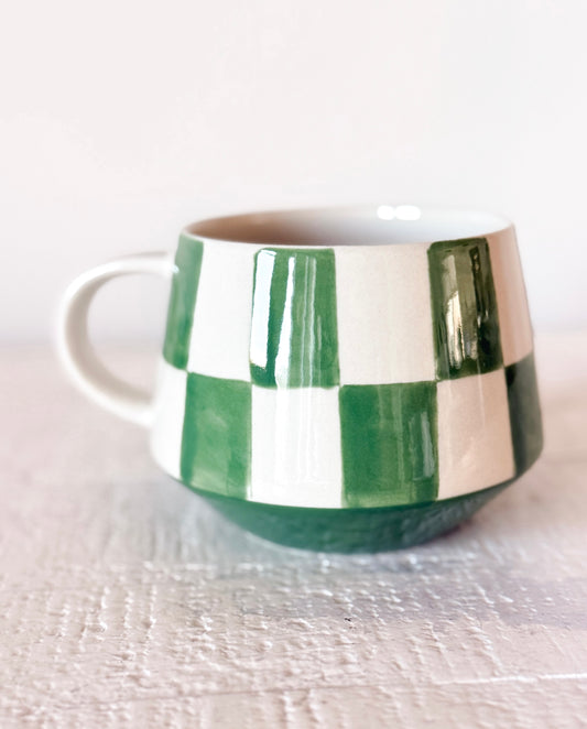 Green Check Stoneware Mug
